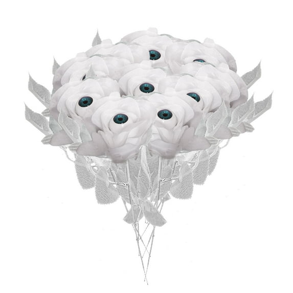 Holloyiver 10 Pcs Artificial Roses with Eyeball Flower Bouquet Faux With White Roses Bundles 16" Fake Realistic Roses for Flowers Arrangements Halloween Parties Home Decor