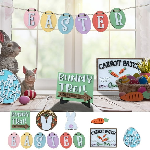Herrnalise 12 Pieces Easter Tiered Tray Decorations,Rustic Easter Decor Gnome Bunny Rabbits Eggs Farmhouse Wooden Spring Sign Tray Decorative for Home Office Kitchen Farmhouse Party Tabletop