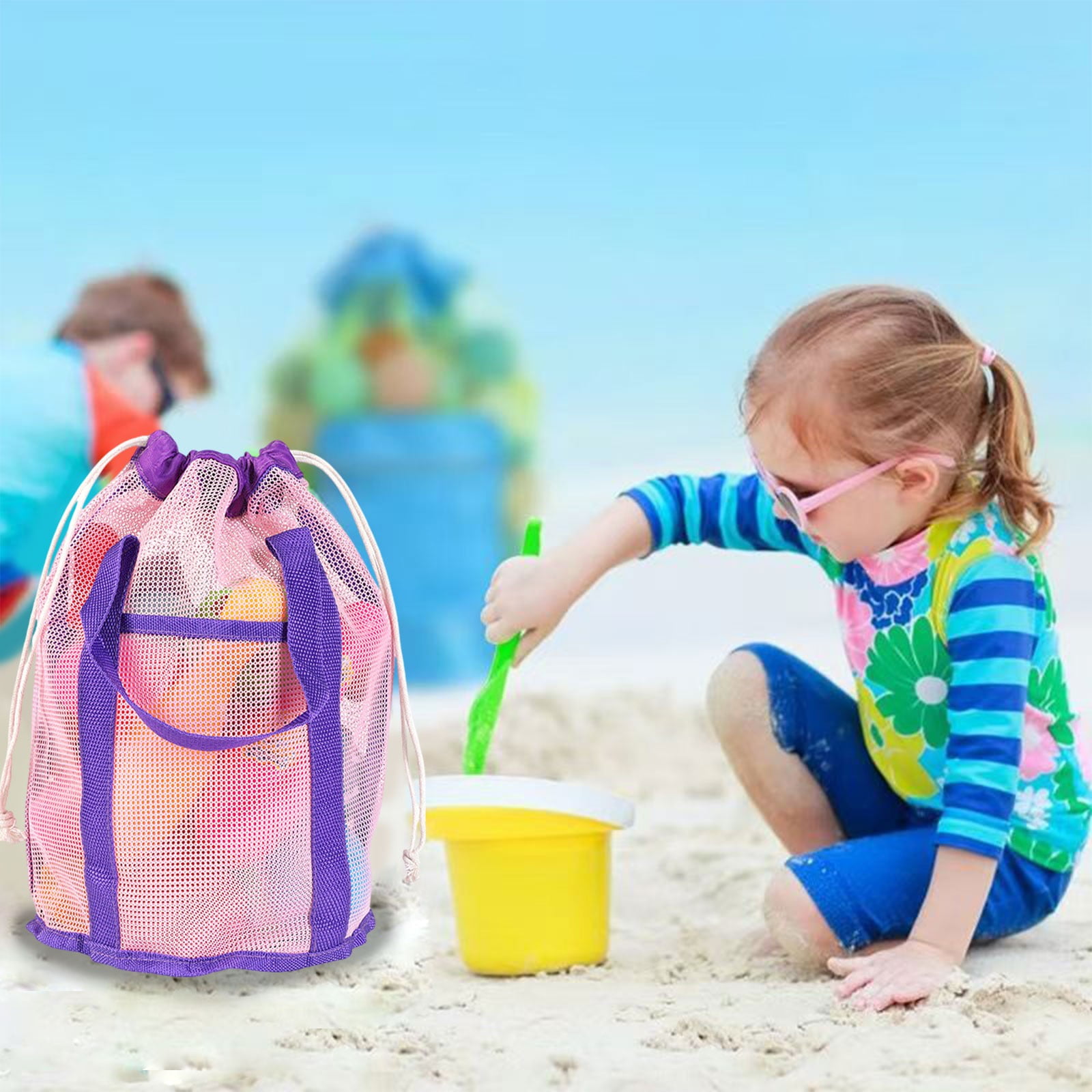 Large Mesh Toy Bag For Beach & Pool – Adjustable Strap, Drawstring Top, Zippered Pocket