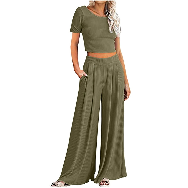 Herrnalise 2 Piece Outfits for Women Summer Lounge Sets Solid Ribbed Knit  Short Sleeve Crew Neck Crop Top Wide Leg Pants with Pockets Olive Green 