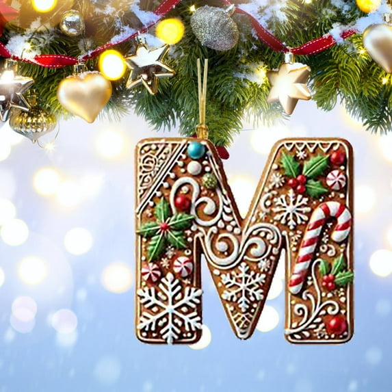 Herrnalise 26 Gingerbread Alphabet Ornaments for Christmas Tree,Candy Cane Pendant with Berries & Snowflakes Pattern,3D Mini Monogram Acrylic Hanging Ornaments for Xmas Party DIY Decor,Letter M