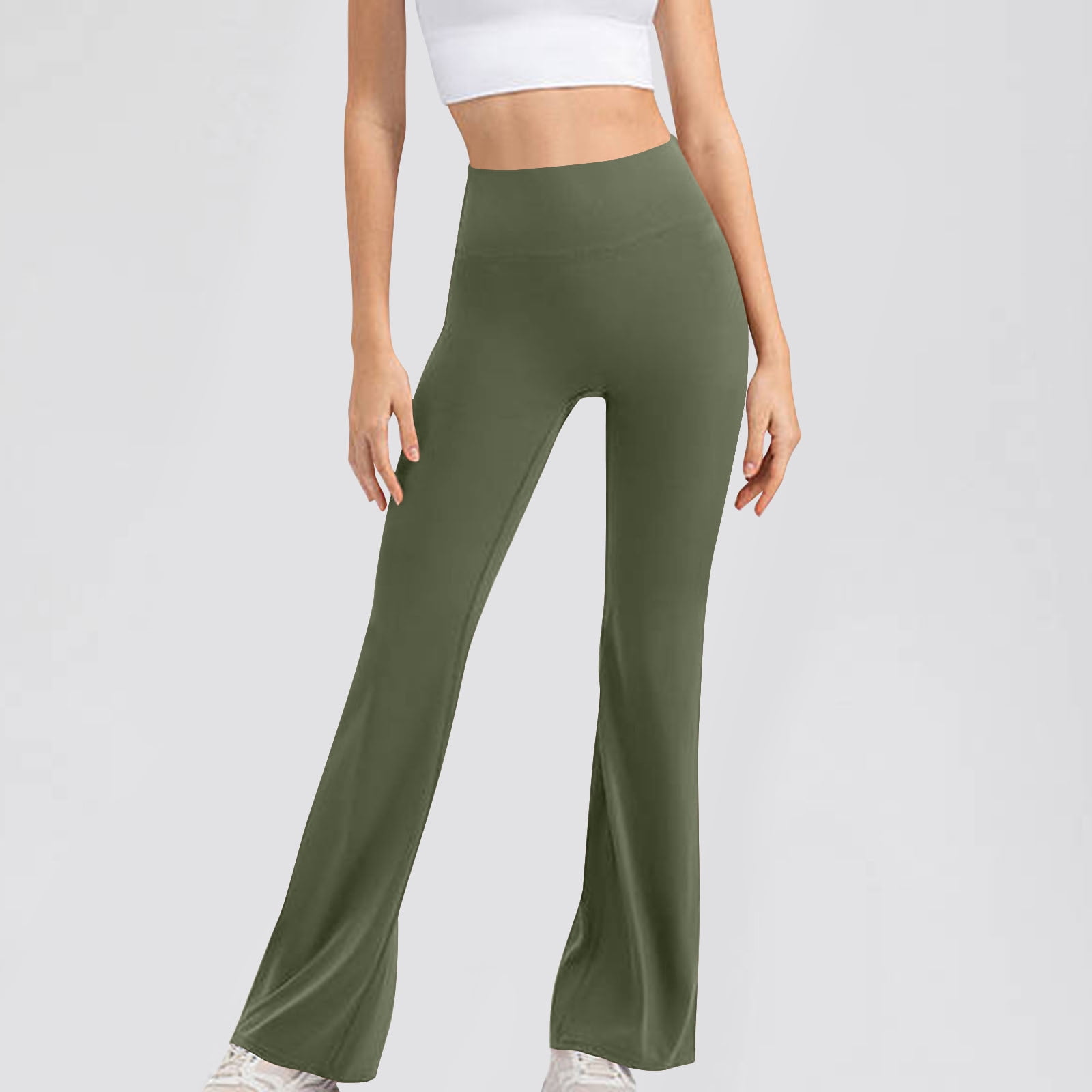 Herrnalise 28/30/32/34 Inseam Women's Bootcut Yoga Pants Long Bootleg  High-Waisted Flare Pants with Pockets Olive Green-M