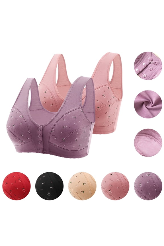 2PC Women's Daily Bra, Push Up Bras No Underwire High Support Front Closure Front Snaps Full Coverage Easy Close Sports Bras Pink-3XL