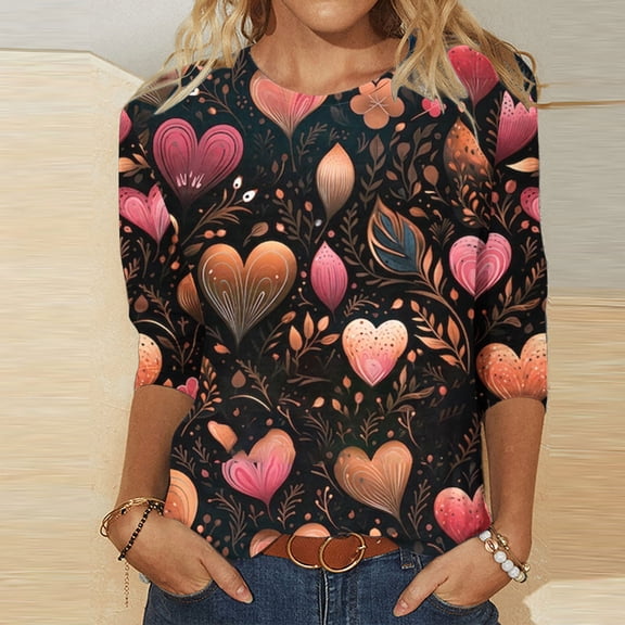 Herrnalise 3/4 Long Sleeve Valentines Day Shirts for Women Heart Print Tees Blouses Crewneck Loose Casual Plus Size Tops T shirts Valentines Day Gifts For Her