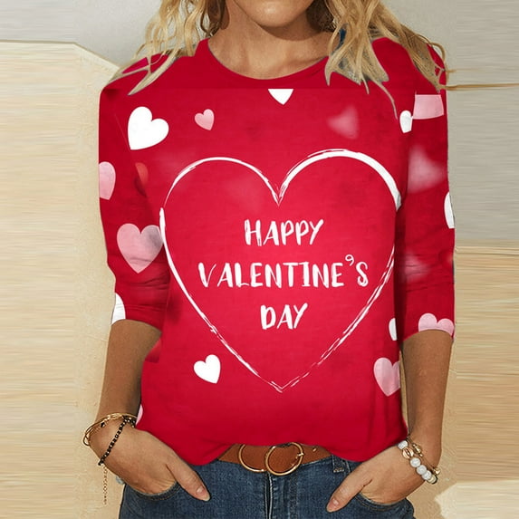 Herrnalise 3/4 Long Sleeve Valentines Day Shirts for Women Heart Print Tees Blouses Crewneck Loose Casual Plus Size Tops T shirts Valentines Day Gifts For Her