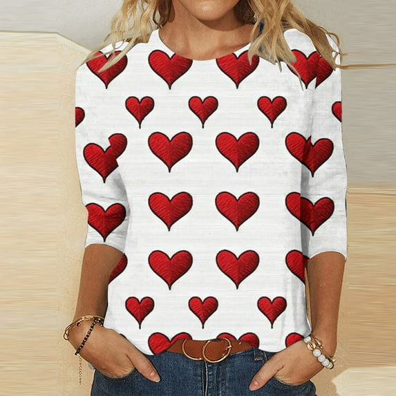 Herrnalise 3/4 Long Sleeve Valentines Day Shirts for Women Heart Print Tees Blouses Crewneck Loose Casual Plus Size Tops T shirts Valentines Day Gifts For Her