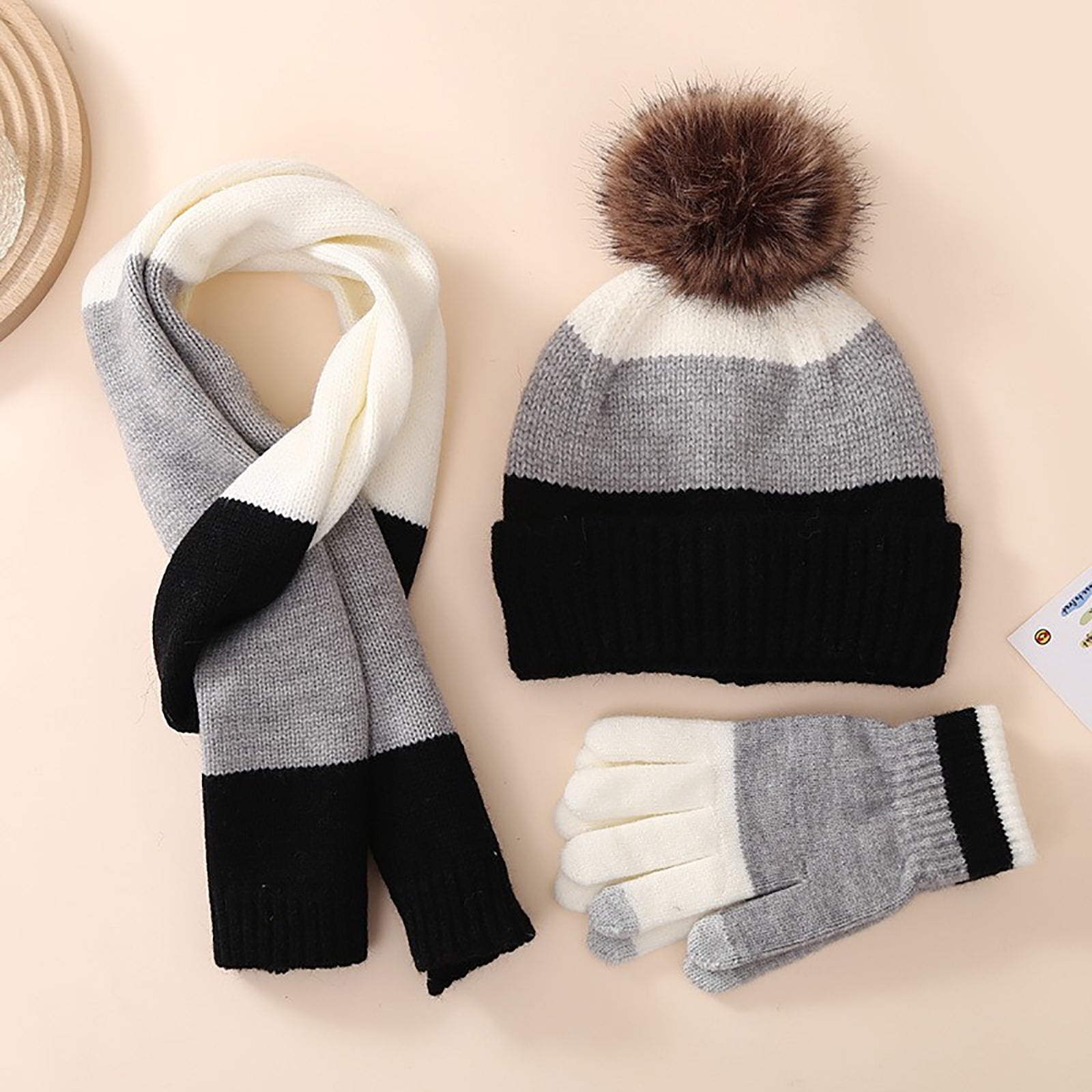 Herrnalise 3Pcs Kids Hat Scarf and Snow Gloves Set, Winter Knit Warm Soft PomPom Beanie Outdoor