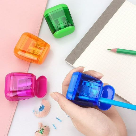 Herrnalise 4 Pcs Pencil Sharpeners, Manual Pencil Sharpeners, Dual Holes Compact Colored Handheld Pencil Sharpener with Lid, Office Supplies (Blue, Green, Orange, Pink)