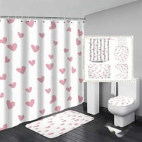 Herrnalise 4 Pcs Valentine's Day Shower Curtain Set, Non Slip Rugs Toilet Lid Cover U Shape Bath Mat and 12 Hooks Love Heart Shape Red Bathroom Sets for Valentines Accessories Decor Set White