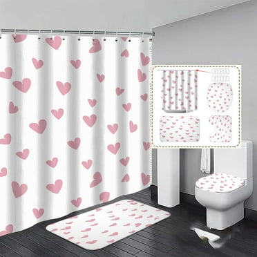 Herrnalise 4 Pcs Valentine's Day Shower Curtain Set, Non Slip Rugs Toilet Lid Cover U Shape Bath Mat and 12 Hooks Love Heart Shape Red Bathroom Sets for Valentines Accessories Decor Set White