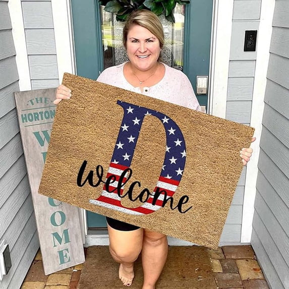 Herrnalise 4th of July Independence Day Letter Welcome Floormat,16"×24" Non-Slip Memorial Day Doormat Red Blue and White Rugs 4th of July Patriotic Decoration for Indoor Outdoor Home Decor,Initial D