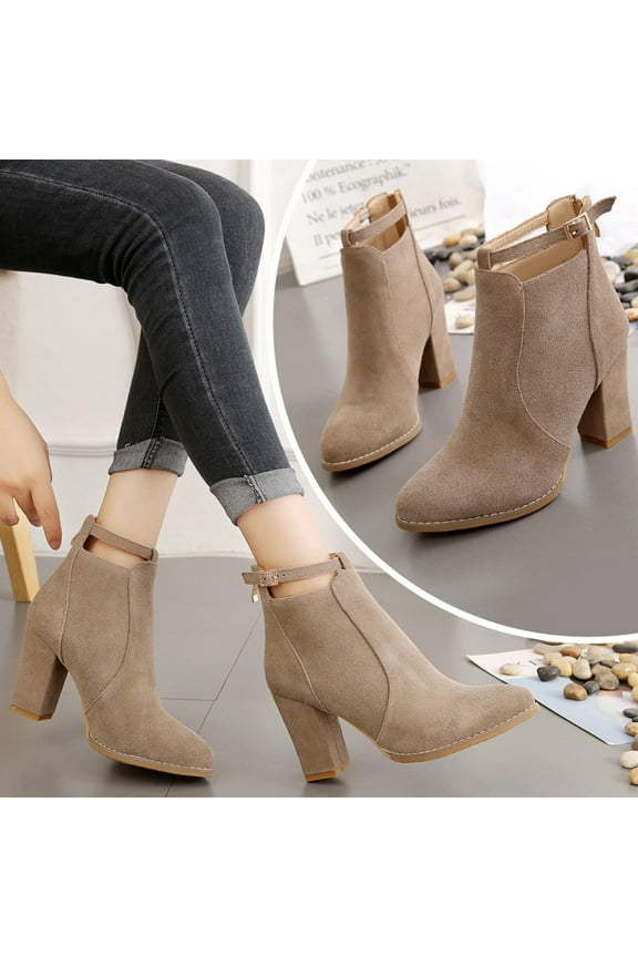 Ankle Boots Women Buckle High Heel Slip Pointed Toe Winter Chunky Ankle Boots Back Zipper Shoes Fashion Shoes for Women