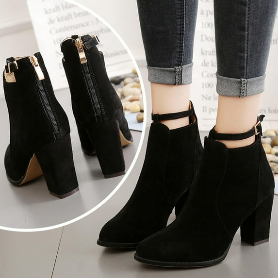 Herrnalise Ankle Boots Women Buckle High Heel Slip Pointed Toe Winter Chunky Ankle Boots Back Zipper Shoes Girls Shoes