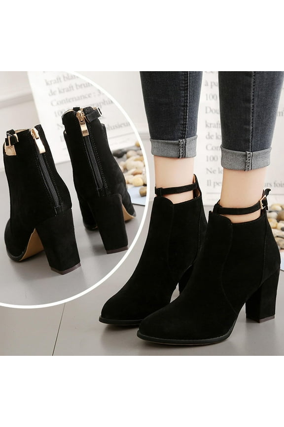 Ankle Boots Women Buckle High Heel Slip Pointed Toe Winter Chunky Ankle Boots Back Zipper Shoes Women Shoes on Clearance