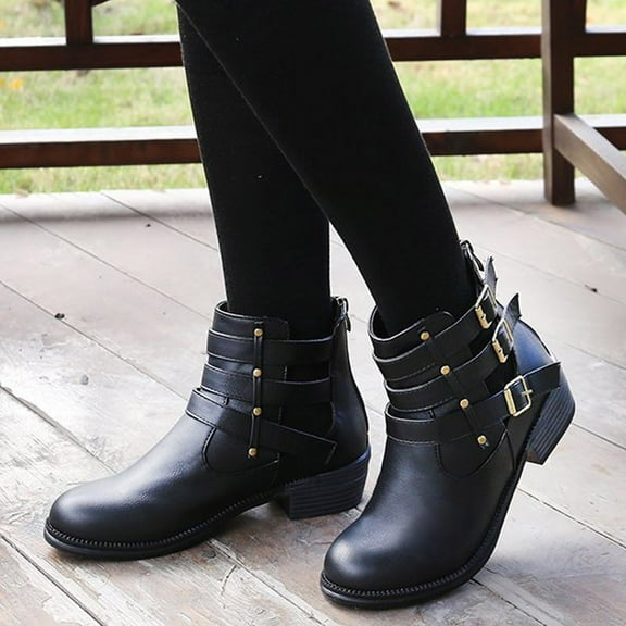 Herrnalise Autumn And Winter New Mid-Heel Hollow Belt Buckle Round Head Women's Boots,clearance under $10