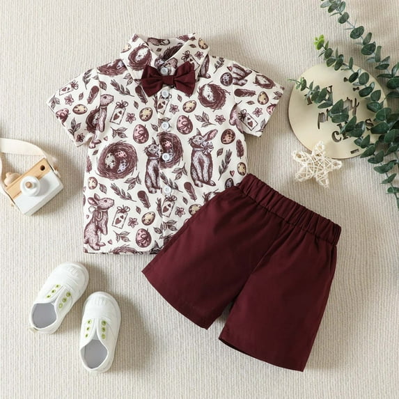 Holloyiver Baby Boy Easter Outfit Spring Short Sleeve Tops Button Down Shirt Casual Shorts Set Summer Bunny Outfits Clothes