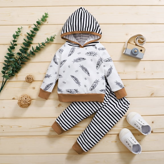Herrnalise Baby Boys' Short-Sleeve Bodysuit Toddler Kids Baby Hooded Cartoon Letter Print Tops+Stripe Pants Set