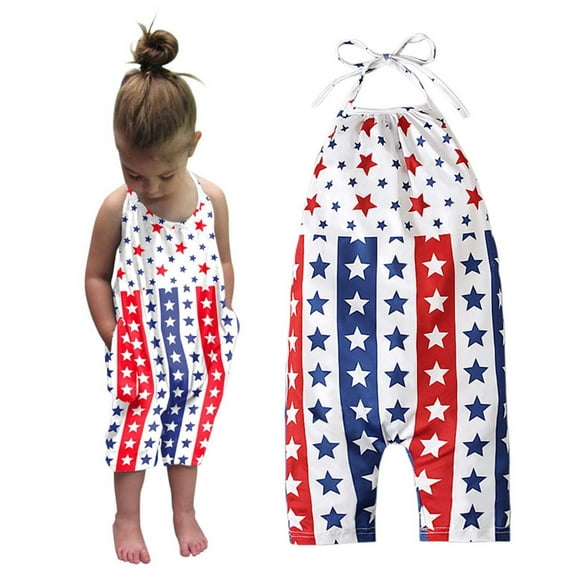 Herrnalise Baby Girls 4th of July Romper with Pockets Toddler Kids Independence Day Flag Print Backless Jumpsuit Summer Bib Pants