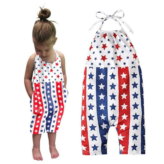 Herrnalise Baby Girls 4th of July Romper with Pockets Toddler Kids Independence Day Flag Print Backless Jumpsuit Summer Bib Pants