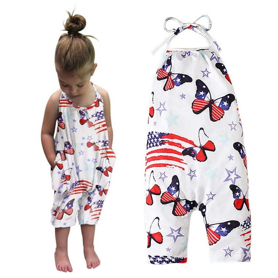 Herrnalise Baby Girls 4th of July Romper with Pockets Toddler Kids Independence Day Flag Print Backless Jumpsuit Summer Bib Pants