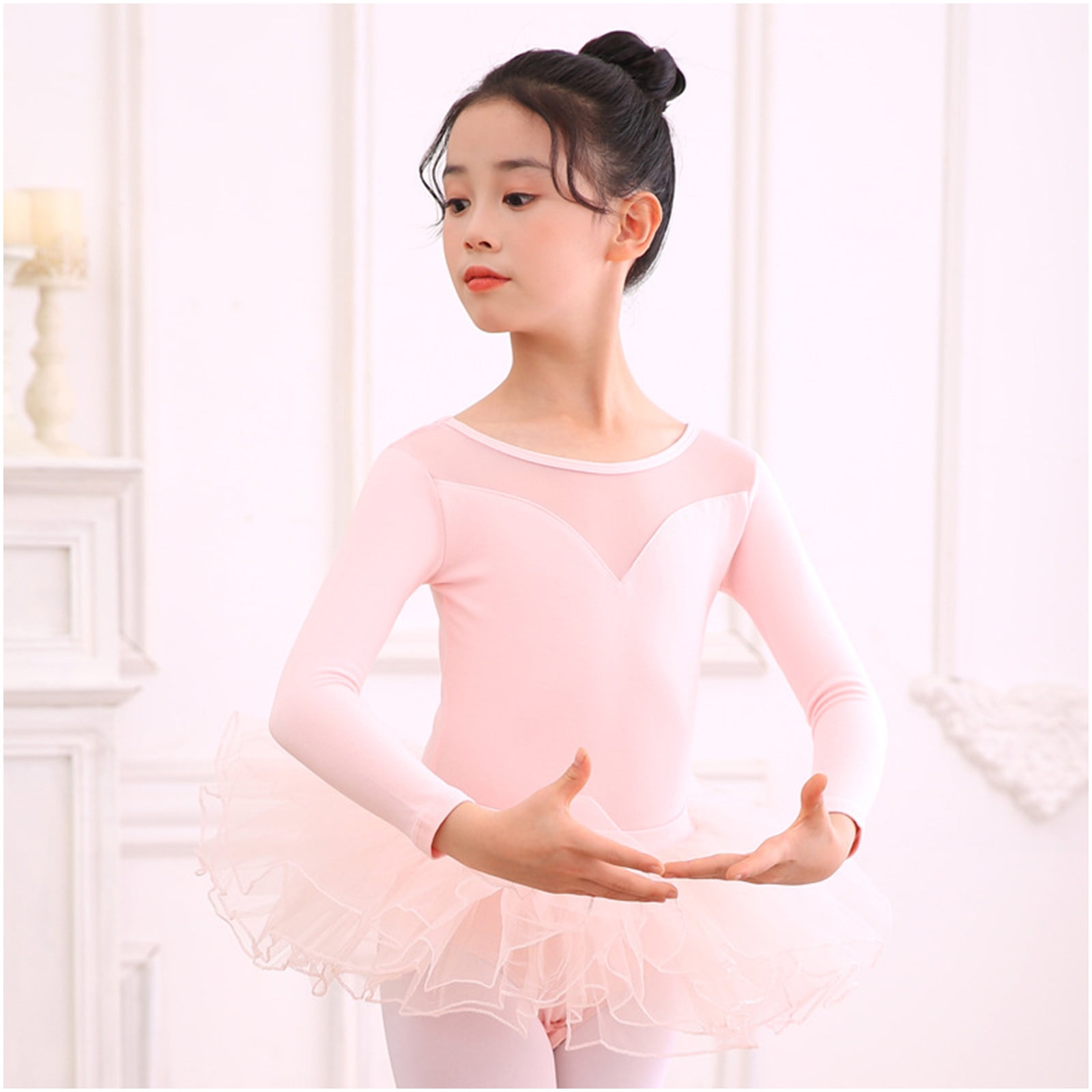SDJMa Baby Girls Children's Dance Clothes Summer Long Sleeves Training  Clothes Ballet One-piece Performance Clothes Skirt Set 