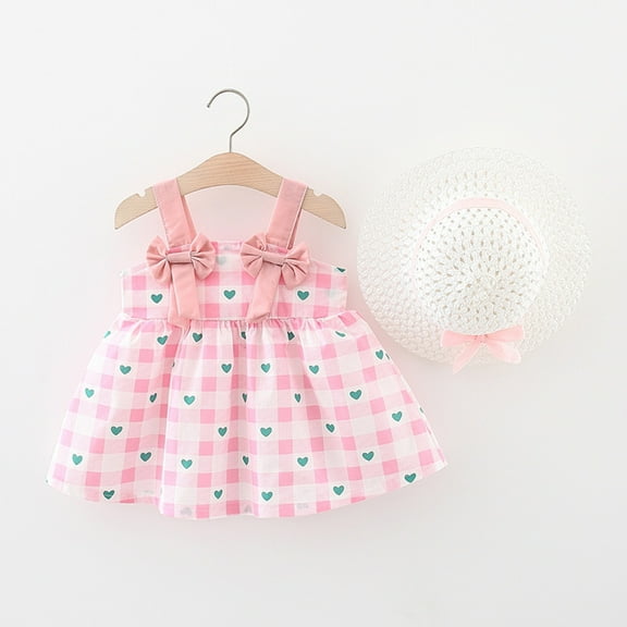 Herrnalise Baby Girls Dress Infant Checkered Love Printed Bowknot Dresses With Hat Toddler Sleeveless Sundress