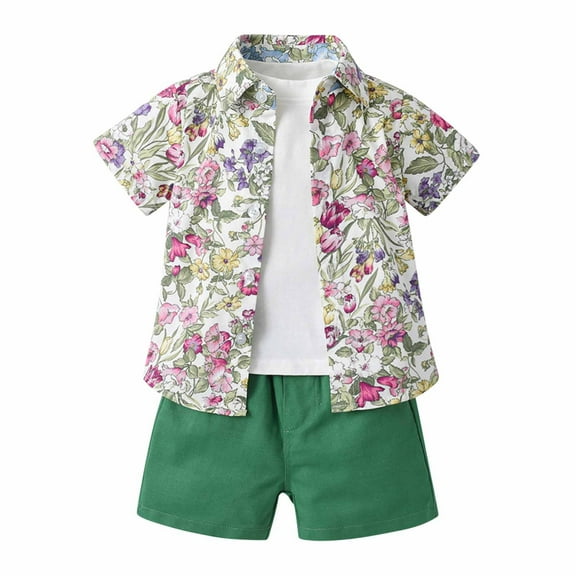 Herrnalise Baby Toddler Boy Outfits 1T 2T 3T 4T 5T 6T Clothes Summer Kids Flower Short Sleeve Button Down Shirt & Solid Shorts Set