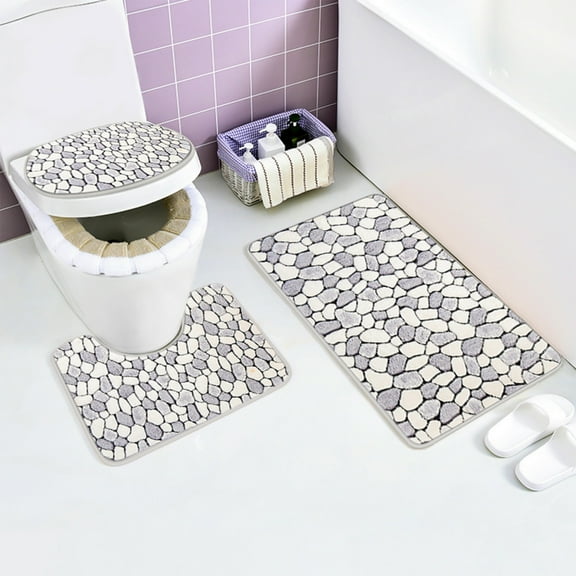 Herrnalise Bathroom Rugs Sets 3 Piece,Cobblestone Polyester Bathroom Mats Set Extra Thick,Non Slip Bath Mats for Bathroom,Washable Light Colour Bath Rugs for Tub,Toilet and Floor