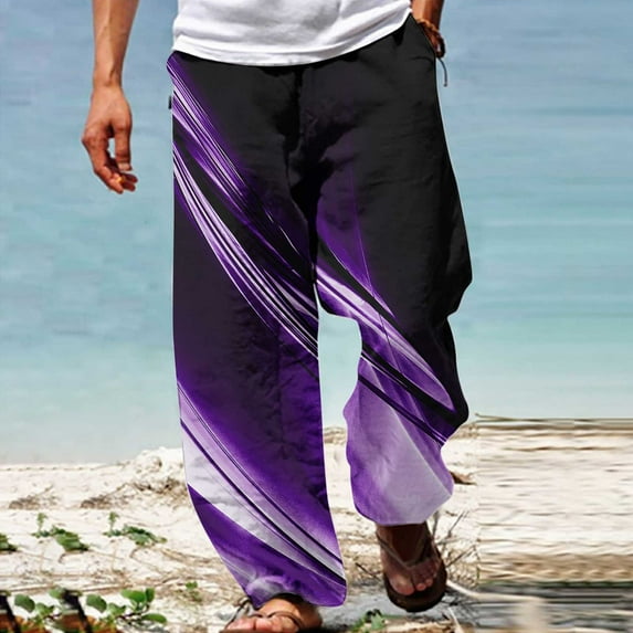 Holloyiver Casual Loose Pant for Men Elastic Drawstring Waist Yoga Long Pant Women's Summer Beach Straight Trouser Cargo Pant For Purple,XL