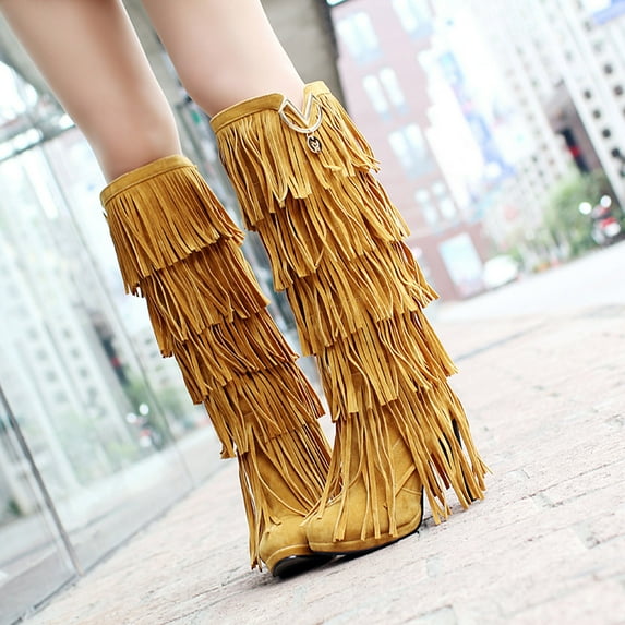 QISIWOLE Women's Shoes Retro Solid Color Ethnic Style Suede Fringed Metal Decoration Female High Boots Fall Savings