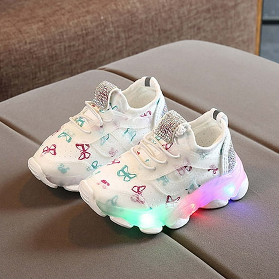 Herrnalise Children Kid Baby Girls Butterfly Crystal Led Luminous Sport Run Sneakers Shoes
