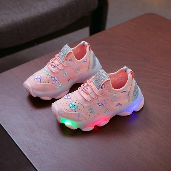 Herrnalise Children Kid Baby Girls Butterfly Crystal Led Luminous Sport Run Sneakers Shoes
