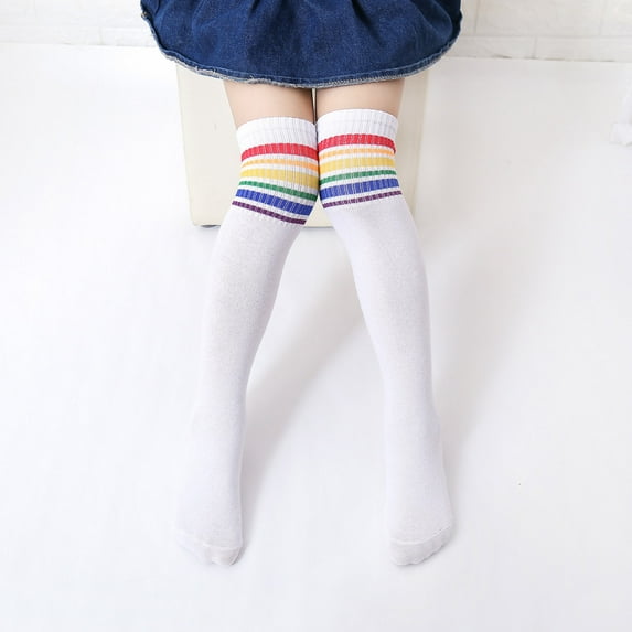 SDJMa Children's Socks Cotton Colorful Stripes Student Rainbow Over The Knee High Socks Fashion All-match