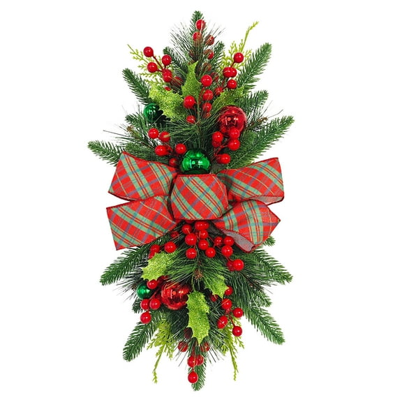 Herrnalise Christmas Artificial Swags 12"×24" Xmas The Cordless Prelit Stairway Swag Teardrop Trim Wreath Door Stair Swag Garland Christmas Swags for Outdoor Home Garden Decor
