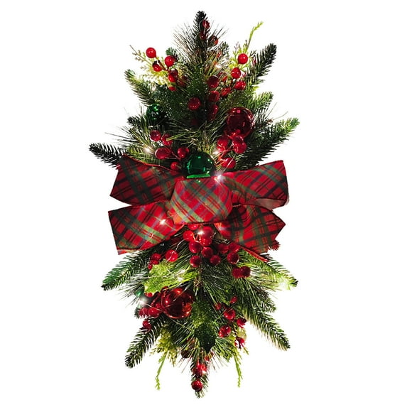Herrnalise Christmas Artificial Swags 12"×24" Xmas The Cordless Prelit Stairway Swag Teardrop Trim Wreath Door Stair Swag Garland Christmas Swags for Outdoor Home Garden Decor