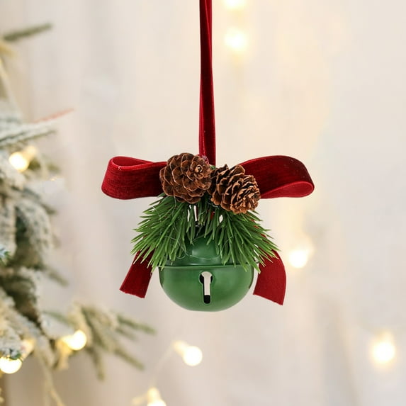 Herrnalise Christmas Bells Ornaments - Xmas Tree Hanging Decorations Velvet Bow Christmas Tree Pine Cone Metal Star Cutouts Bells for Xmas Tree Hanging Decorations (Green)