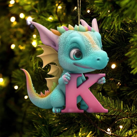 Herrnalise Christmas Dinosaur Ornaments 26 Letter Cartoon Pendant,3.15" Acrylic Dinosaur Holding Letter A to Z Hanging Ornaments Gift for Christmas Tree Pendant Christmas Decor,Letter K