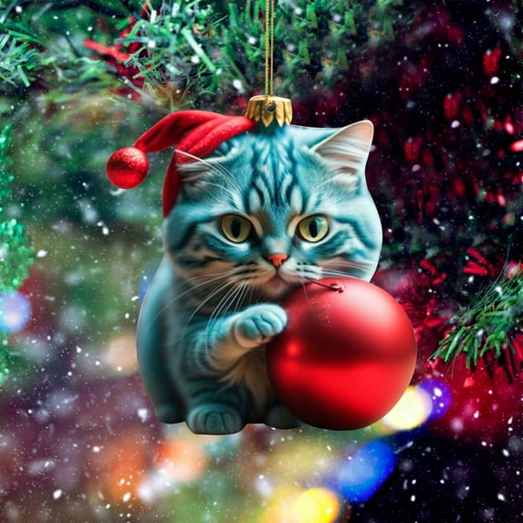 Herrnalise Christmas Pendant Christmas Tree Ornament Acrylic Funny Cat Hanging Ornament Double Sides Printing Cute Kitten Playing with Christmas Balls Pendant Christmas Fun Decoration