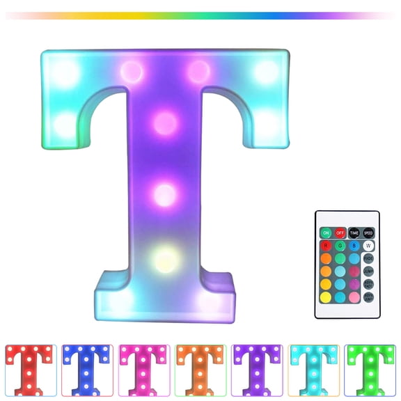 Herrnalise Colorful LED Letter Lights with Remote,Marquee Light Up Letters Sign for Night Light Wedding/Birthday Party,Night Lights Powered by Batteries or USB for Home Bar Decor - T