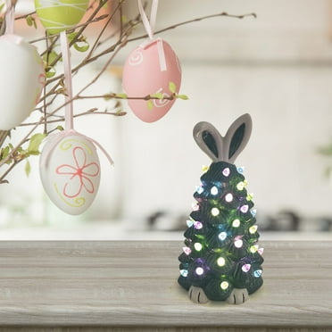 Herrnalise Easter Ceramic Blue Bunny Tree Easter Lighted Decorations Desktop Rabbit Ornament Desktop Rabbit Figurines for Indoor Spring Home Bedroom Office Table Decor
