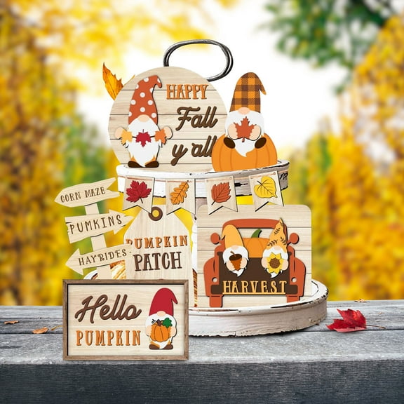 Herrnalise Fall Tiered Tray Decor Set,Autumn Pumpkin Decorative Trays Signs Wood Blocks Gnome Truck Maple Leaves Wooden Tabletop Signs for Fall Thanksgiving Home Kitchen Decorations