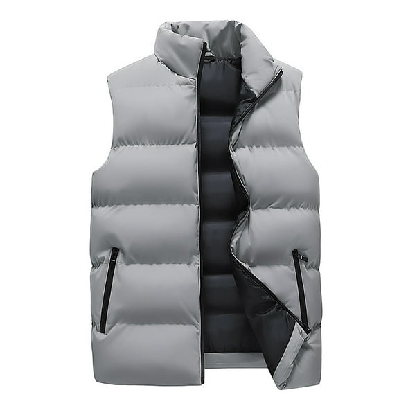 Herrnalise Fashion Men Solid Stand Collar Sleeveless Cardigan Jacket Outerwear Padded Coat Gray