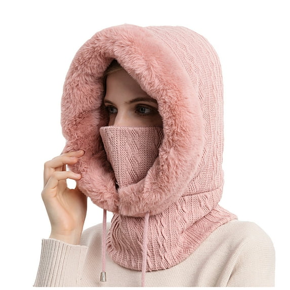 Herrnalise Fashion Women Casual Scarf Plush Pullover Cap Windproof Warm Face Mask Weave Hat
