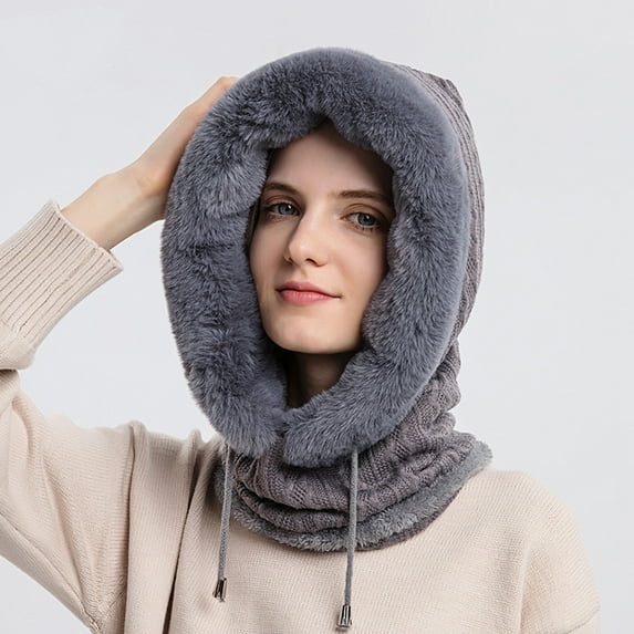 Herrnalise Fashion Women Casual Scarf Plush Pullover Cap Windproof Warm Face Mask Weave Hat