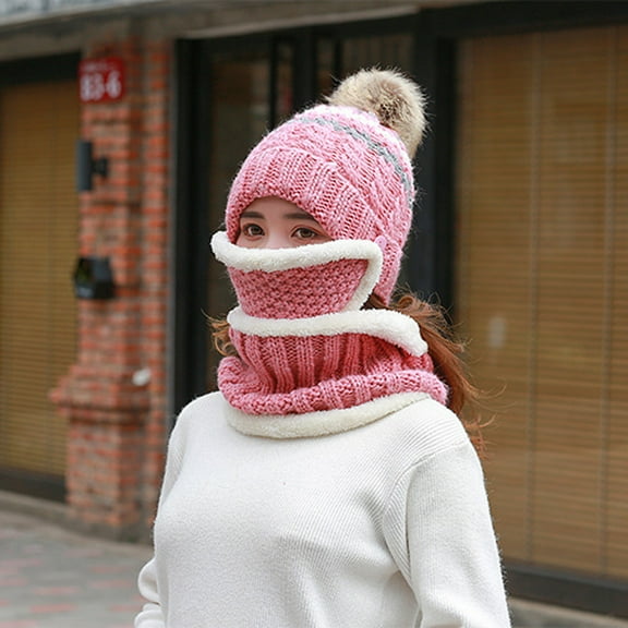 Herrnalise Fashion Women Knitted Wool Scarf Hat Pompom Cap Set Warm Winter   Scarf   Mask