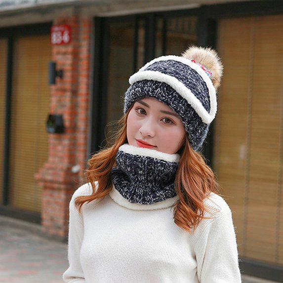 Herrnalise Fashion Women Knitted Wool Scarf Hat Pompom Cap Set Warm Winter + Scarf + Mask