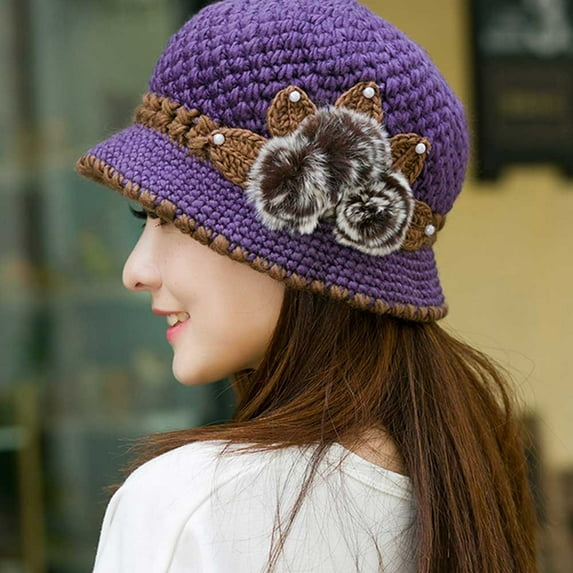 Herrnalise Fashion Women Lady Winter Warm Crochet Knitted Flowers Decorated Ears Hat PP