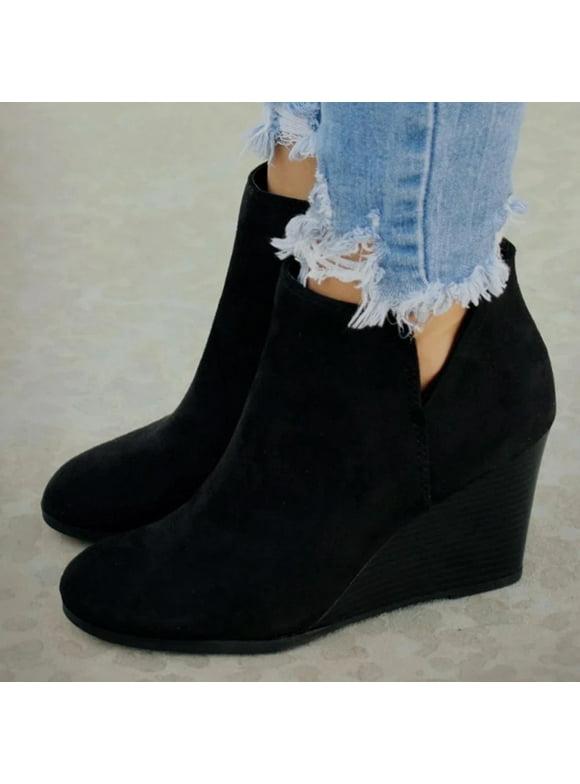 Herrnalise Fashion Women Suede Wedges Zipper Solid Color Short Booties Round Toe Shoes Women's Shoes under $30