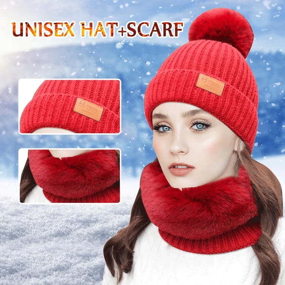 Herrnalise Fashion Women Winter Knit Hat Ball Collar Set Thick Warm Solid Earmuff Hat