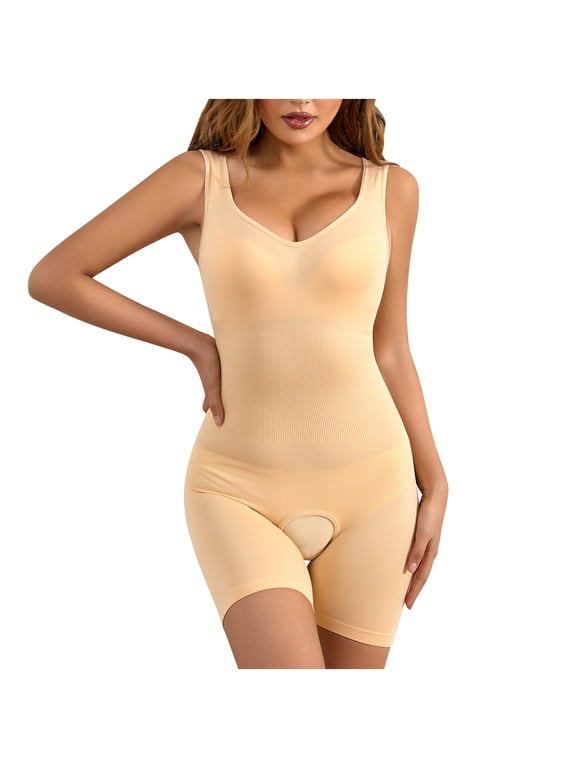 Holloyiver Firm Tummy Compression Bodysuit Shaper with Butt Lifter Ladies Seamless One-Piece Open Crotch Body Abdominal LifterHip Underwear Stretch Slimming Body Corset Beige